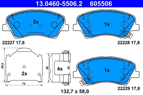 Колодки гальмівні - ((43022THAH00, 43022TLAA00, 43022TLAA11, 43022TNYE00)) ATE 13046055062