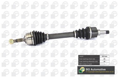 Піввісь Peugeot 206 1.1-1.6 98-09 (21/22) 612mm Л. - (32726E, 32727E, 32728E) BGA DS6714L