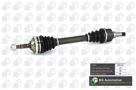 Піввісь Peugeot 206 1.1-1.6 98-09 (21/22) 612mm (+ABS 48z) Л. - (32724C, 32723C) BGA DS6714LA