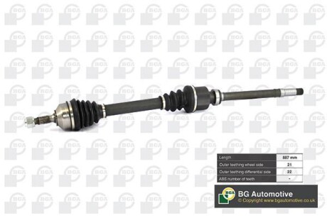 Піввісь Peugeot 206 1.1-1.6 98-09 (21/22) 887mm Пр. - BGA DS6714R