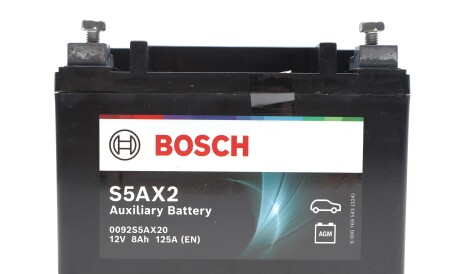 Акумуляторна батарея 8Ah/125A S5AX Aux (150x87x105/+L/BO) (Start-Stop/AGM/допоміжна) 0 092 S5A X20 - (31296300) BOSCH 0092S5AX20