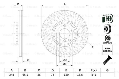 Диск тормозной BMW 5 F10/11/7 F01-04 передний правый вент. D=348мм. - BOSCH 0986479E18