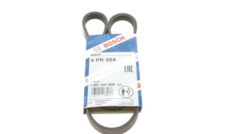 Ремень поликлиновый 4PK954 4 ребра 954 мм (Citroen Mazda Daewoo Peugeot Mitsubishi Hyundai/Kia/Mobis) - (005435171, 047903137L, 1752152E00) BOSCH 1 987 947 808