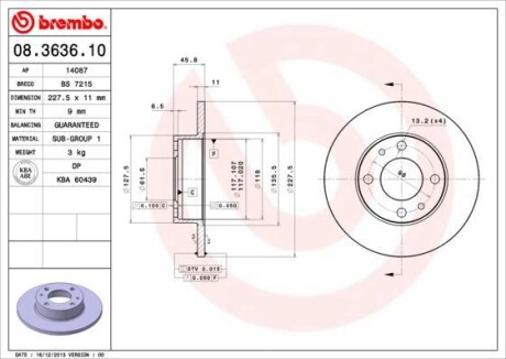 Тормозной диск - (0004208311, 4385812, 655438512) BREMBO 08.3636.10