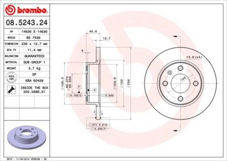 Тормозной диск - (002415019, 6U0615301, 2415019) BREMBO 08.5243.24