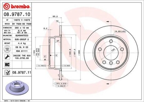 Тормозной диск - (34216764647, 34216855001) BREMBO 08.9787.11 (фото 1)