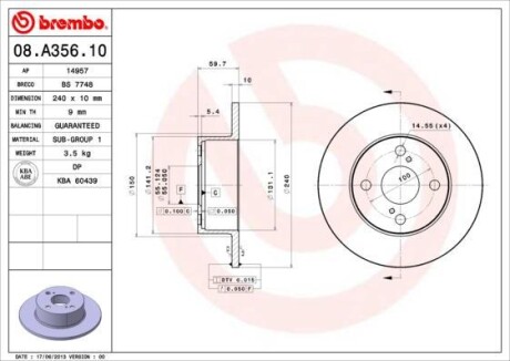 Тормозной диск - (4243112190, BG4050) BREMBO 08.A356.10