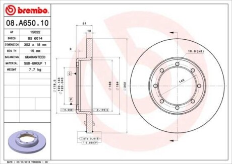 Тормозной диск - (4320600Q0C, 432067943R, 4421180) BREMBO 08.A650.10 (фото 1)