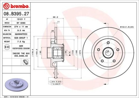 Диск гальмівної - (402024076R, 432023939R, 432004327R) BREMBO 08B39527 (фото 1)