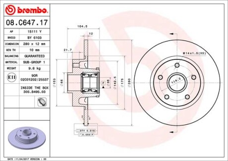 TARCZA HAMULCOWA TYL Z LOZYSKIEM - (6000620071, 4320600Q0H, 4422288) BREMBO 08.C647.17 (фото 1)