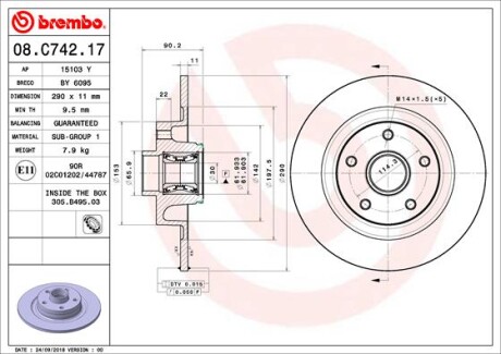 Tarcza hamulcowa tyl z lozyskiem - (432027306R) BREMBO 08.C742.17