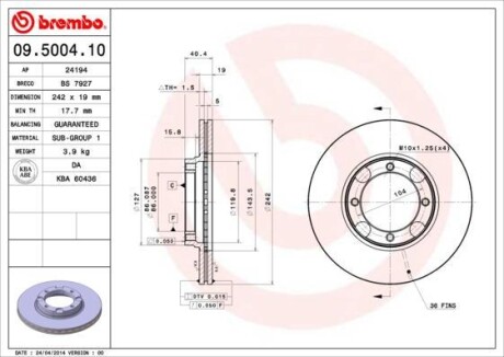 Тормозной диск - (5171221350, 5171221B00, 5171224100) BREMBO 09.5004.10