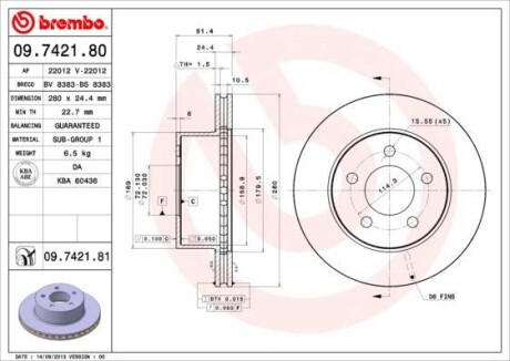 Тормозной диск - (05015965AA, 52005000, 52007710) BREMBO 09.7421.81