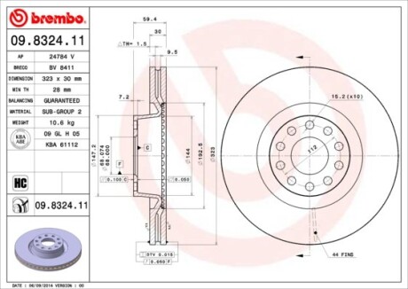 Тормозной диск - (4D0615301A, 4D0615301J) BREMBO 09.8324.11