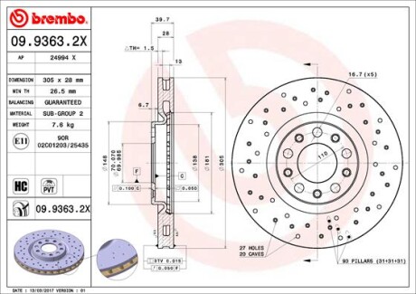 Тормозной диск - (51963548, 52056675, 68247974AA) BREMBO 09.9363.2X