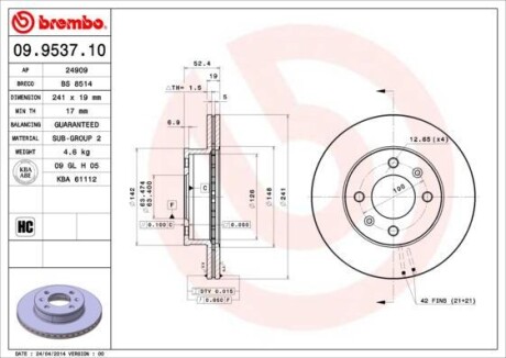 Тормозной диск - (5171225060) BREMBO 09.9537.10 (фото 1)