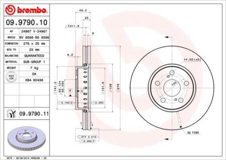 09.9790.11_диск тормозной передний! \ Toyota Avensis 1.6-2.0i/D-4D 97-03 - (4351205060, 4351220730, 24012501561) BREMBO 09979011