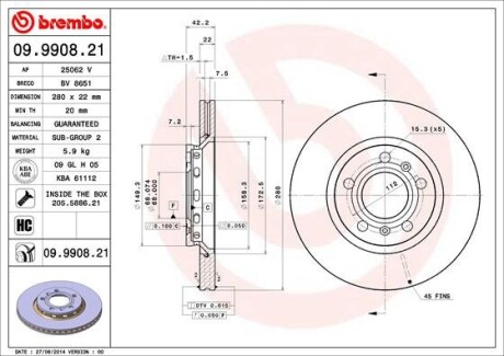 Тормозной диск - BREMBO 09.9908.21