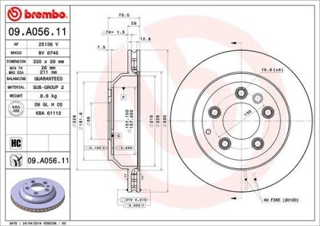 Диск гальмівний задн Лів/Прав AUDI Q7 PORSCHE CAYENNE VW TOUAREG 2.5D-6.0D 05.02-12.18 - BREMBO 09.A056.11
