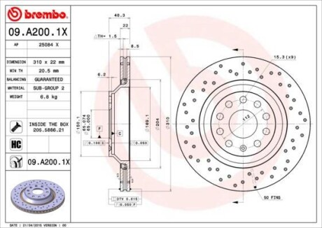 Тормозной диск - BREMBO 09.A200.1X