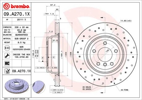 Гальмівний диск зад. Bmw 3 (E90, E91, E92,E93)/X1 (E84) 09-15 (336х22) - BREMBO 09.A270.1X