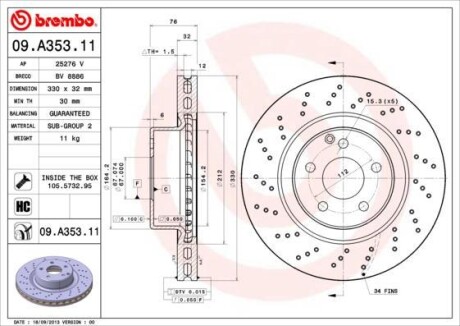 Tarcza hamulc. mercedes w220 s-klasa 98-05 - (2204210812, 09796011, A2204210812) BREMBO 09A35311