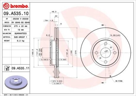 Диск тормозной - (4351252130, 435120D080) BREMBO 09.A535.11