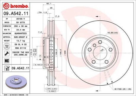 Тормозной диск - (34116756847) BREMBO 09.A542.11