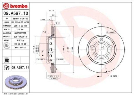 Тормозной диск - (8D0615601D, 3B0615601B) BREMBO 09.A597.11