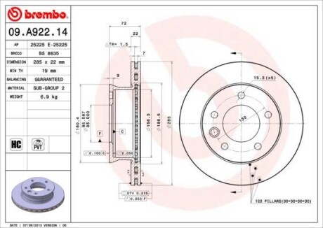 Тормозной диск - BREMBO 09.A922.14