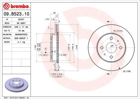 Тормозной диск - (4351297402, 43512B1110) BREMBO 09B52310