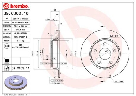 Тормозной диск - (52060137AB, 68040177AA) BREMBO 09.C003.11