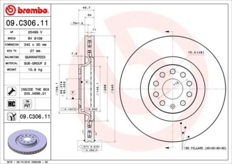 Тормозной диск - (1K0615301AD, 8J0615301, 8J0615301G) BREMBO 09.C306.11