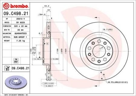 Тормозной диск передний BMW 5 E60 04- - (34116766871, 34116779467) BREMBO 09.C393.13