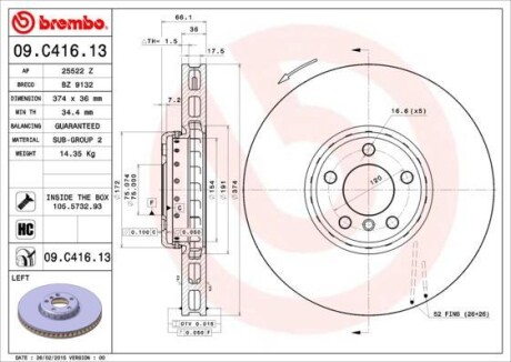 Tarcza hamulc. bmw 7 f01,f02, f03,f04 08- lp - BREMBO 09C41613