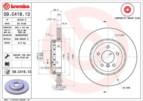 TARCZA HAMULCOWA TYL - (34216763827) BREMBO 09.C418.13 (фото 1)