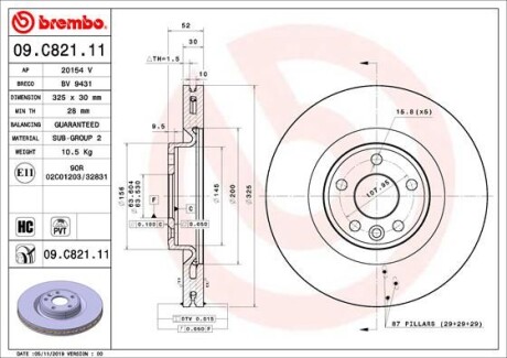 Tarcza hamulcowa przod - (j9C2136, LR059122) BREMBO 09.C821.11