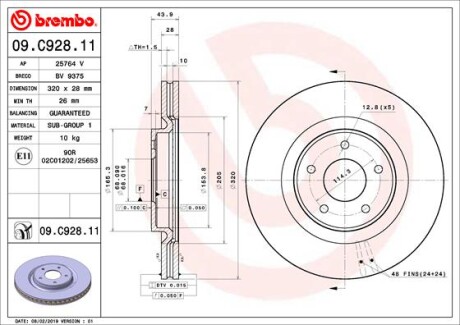 Tarcza hamulcowa przod - (402064CE0A, 402065998R) BREMBO 09.C928.11