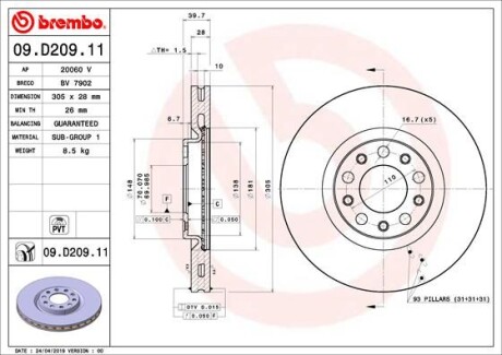 Тормозной диск - (51963548, 52056675, 68247974AA) BREMBO 09.D209.11