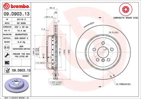 Tarcza hamulcowa tyl prawa - BREMBO 09.D903.13