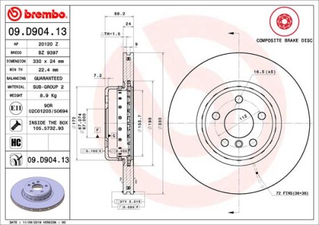 Tarcza hamulcowa przod - (43512WAA01, 34116860907, 34106880072) BREMBO 09.D904.13