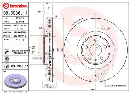 Tarcza hamulcowa przod lewa - (95B615301E, 95B615301G, 95B615301J) BREMBO 09.D938.11