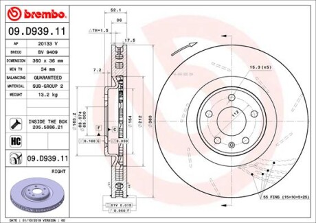 Tarcza hamulcowa przod prawa - (95B615302E, 95B615302G, 95B615302J) BREMBO 09.D939.11