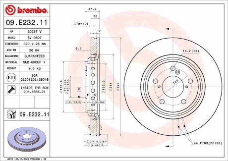 Тормозной диск передний Acura Mdx; Honda Odyssey, Pilot, Ridgeline 3.0/3.5 08.10- (09.E232.11) - BREMBO 09E23211