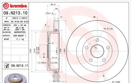 Гальмівний диск зад. Chrysler Voyager 07- / Dodge Journey 08- / Jeep Grand Cherokee 04-11 (350х28) - BREMBO 09.N213.11