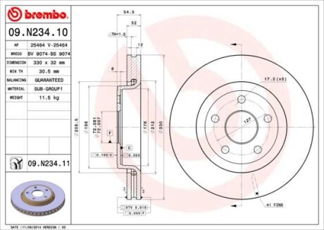 Гальмівний диск пер. (к-кт 2 шт) Jeep Grand Jerokee 10- - (52124762AB) BREMBO 09.N234.11