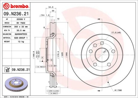 Гальмівний диск пер. (к-кт 2 шт) Jeep Grand Cherokee 10- - BREMBO 09.N236.21