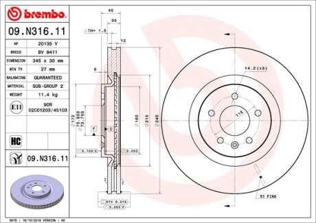 Tarcza hamulcowa przod - (34216758552, 34211160809) BREMBO 09.N316.11