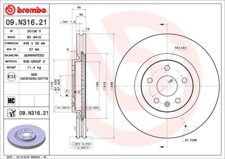 Tarcza hamulcowa przod - (013598064, 13598064) BREMBO 09.N316.21