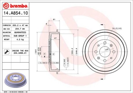 Фото 3 - Гальмівний барабан BREMBO 14.A854.10 (14A85410)